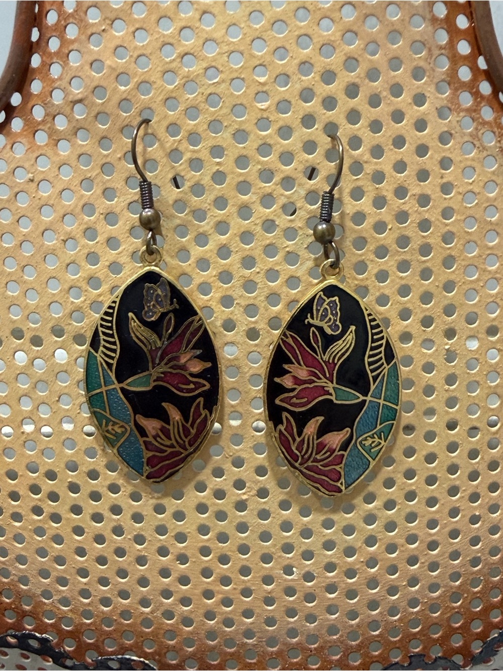 Floral Cloisonné Teardrop Earrings – Black, Teal & Pink